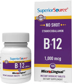 Superior Source No Shot Vitamin B-12 Cyanocobalamin 1000 mcg - Vitamin B-12 to Support Energy Production, Brain Health & Overall Wellness - Sublingual Tablets - 100 Dissolvable Tablets