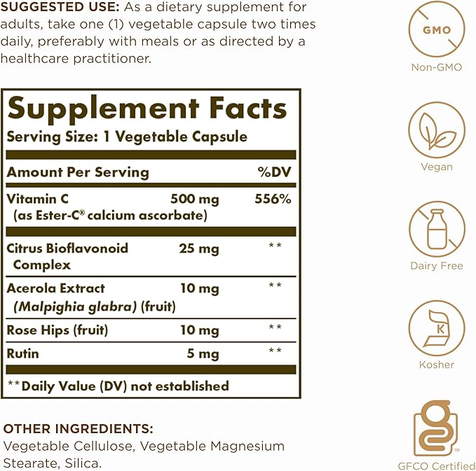 Solgar Ester-C Plus 500 mg Vitamin C (Ascorbate Complex) - 100 Vegetable Capsules, Pack of 2 - Antioxidant & Immune Support - Non GMO, Vegan, Gluten Free, Kosher - 200 Total Servings