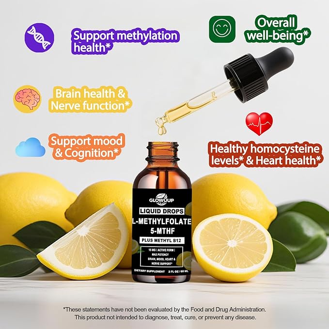 Methylfolate 15mg with Methyl B12 Liquid Drops | Active 5-MTHF Folate & B Complex Vitamins (B2 Riboflavin & B6) | Lemon Flavor Sublingual丨MTHFR Support Supplement for Methylation Mood & Energy–2 fl oz