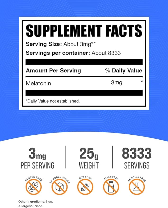 BulkSupplements.com Melatonin Powder - Pure Melatonin, Sleep Aid for Adults - Vegan & Gluten Free, 3mg per Serving, 25g (0.88 oz) (Pack of 1)