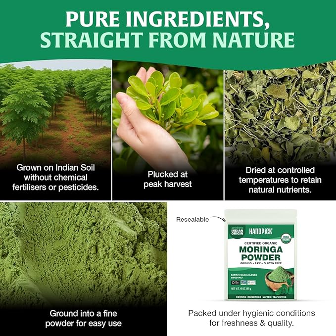 HANDPICK USDA Organic Moringa Powder (397g/14oz) Pure Moringa Oleifera Leaf Powder | Authentic Indian Origin | Gluten Free, Non-GMO | Perfect for Smoothies, Drinks, Tea & Recipes