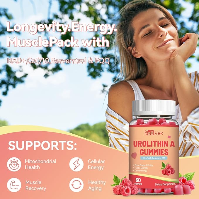 Urolithin A Supplement Gummies,Urolithin A+ Supplement with NAD+, CoQ10, Resveratrol,PQQ for Mitochondrial Support, Muscle Strength & Longevity,Vegan,Sugar Free,Chewable 60ct