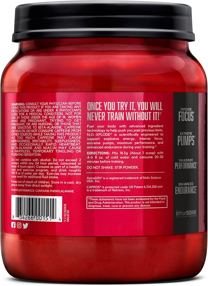 BSN N.O.-XPLODE Pre Workout Supplement with Creatine, Beta-Alanine, and Energy, Fruit Punch, 60 Servings, 2.45 Pound (Packaging May Vary)