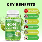 Iron Gummies with Multivitamin, Iron Supplement for Women & Men with Zinc, Vitamin B Complex & C, B12, Folate - Blood Builder & Energy Support for Adults & Kids - Green Apple & Kiwi Filled Gummies