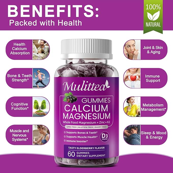 Plant Based Calcium Supplement with Vitamin D3,K2 Gummy for Bone Strength, Contains Whole Food Natural Minerals-Bone Health, Calm Mood & Sleep Support for Women & Men (2 Pack)