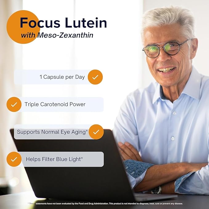 Focus Lutein for Eyes with Meso-Zeaxanthin, Eye Vitamin Supplement, 120 Count, 120 Day Supply, Daily Vision Support for Digital Screens, Bright Lights, Sunlight, Vegan and Sugar-Free, Made in USA
