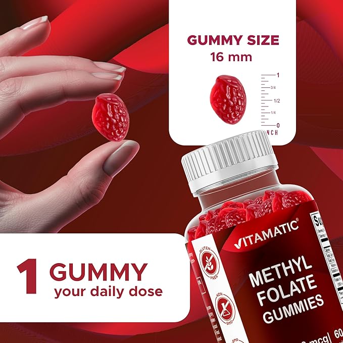 Vitamatic Methylfolate Gummies 1000 mcg – Active 5-MTHF Form – Natural Strawberry Flavor – Vegan, Non-GMO, Gluten Free – 60 Gummies