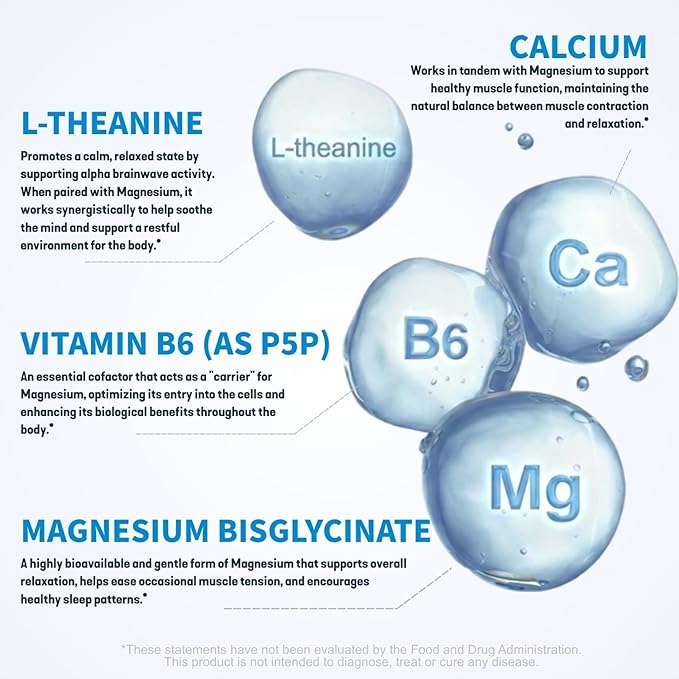 Chelated Magnesium Bisglycinate 200mg - High Absorption Mag Glycinate with L-Theanine, Calcium & Vitamin B6 (P5P) - Supports Calm, Nighttime Relaxation & Muscle Health - 60 Capsules