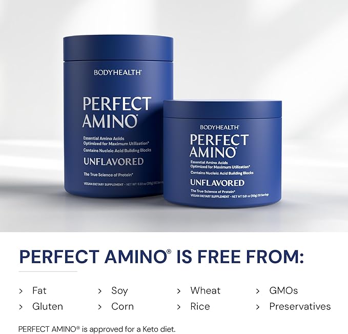 BodyHealth PerfectAmino - BCAA and EAA Powder for Pre and Post Workout - Amino Acid Energy Drink for Men and Women to Support Lean Muscle and Recovery - Unflavored (Lightly Sweetened) - 30 Servings