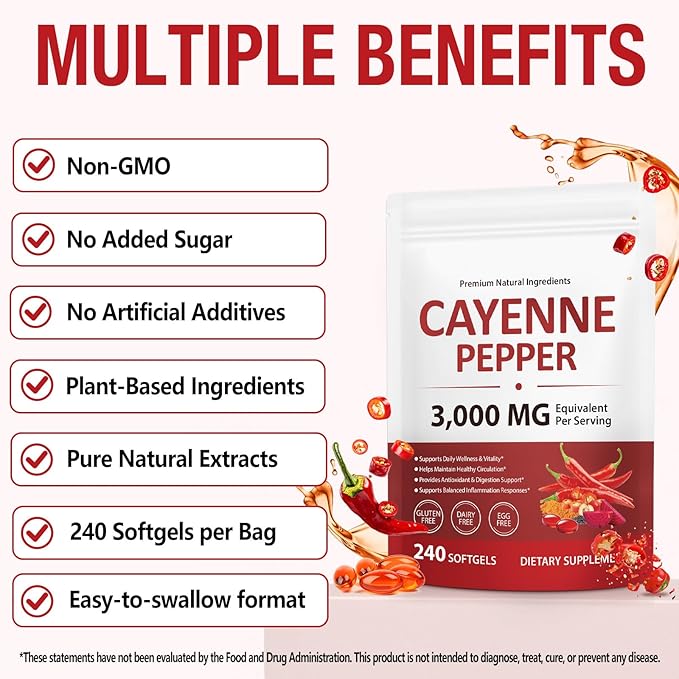 Liefiet Cayenne Pepper Capsules 3000mg Per Serving, Cayenne Pepper Softgels Supplement with Vitamin E D3+K2, Supports Heart and Blood Vessel Health, 240 Softgels