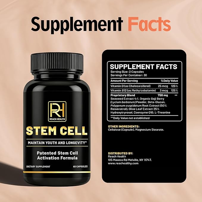 Stem Cell Activation Formula, 60 Capsules, with Vitamin D and B12, Youth and Longevity Support Maintain Youth and Longevity Patented StemCell Activation Fomula (2 Bottle (120 softgels))