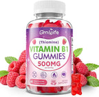 Vitamin B1 Gummies 500mg for Adults & Kids – High Potency Thiamine B1 Supplement for Energy & Nervous System Support, Sugar-Free, Raspberry Flavor, 60 Count