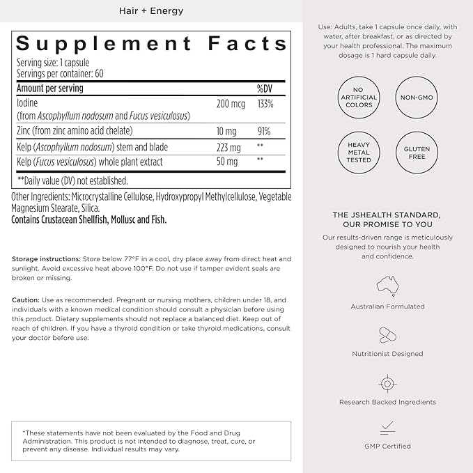 JSHealth Hair Growth Vitamins for Women. Hair + Energy with Kelp Iodine and Zinc. Supports Thickness, Strength, Energy. Nutritionist-Formulated (60 Capsules)