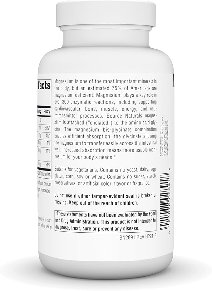 Source Naturals Magnesium Glycinate, Chelated for high Absorption | for Calm Energy, Bone & Heart Support*, 200 mg per Serving - 120 Tablets