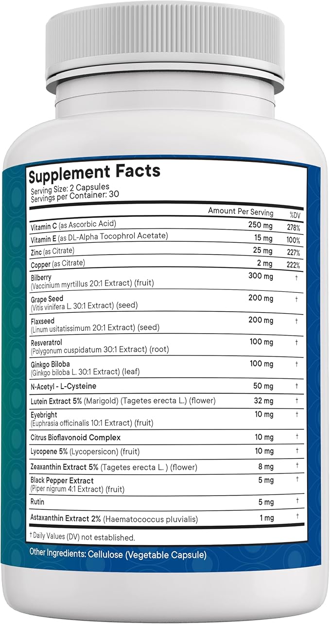 NEW AGE Eye Health Vitamins with Bilberry Lutein & Zeaxanthin Lycopene Resveratrol Grape Seed Astaxanthin - Eye Vitamin - 60 Count