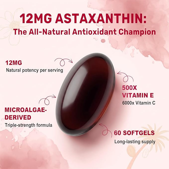 BEWORD Astaxanthin 12mg with MCT Oil, 60/120 Softgels 2-Month Supply | Premium Antioxidant Supplements | Natural Microalgae, Triple Strength | Supports Skin & Eye Health | Non-GMO, Gluten & Soy-Free