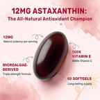 BEWORD Astaxanthin 12mg with MCT Oil, 60/120 Softgels 2-Month Supply | Premium Antioxidant Supplements | Natural Microalgae, Triple Strength | Supports Skin & Eye Health | Non-GMO, Gluten & Soy-Free