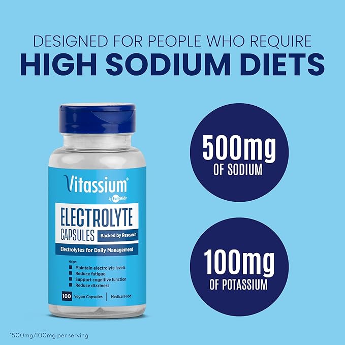 Vitassium Electrolyte Capsules, Electrolytes for The Management of POTS and High Sodium Diets (500mg Sodium - 100mg Potassium), Unflavored, 100 Salt Pills (Size 0)