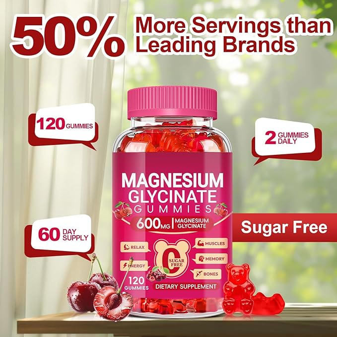 Magnesium Glycinate Gummies 600mg, Chewable Sugar Free Magnesium L-threonate Gummies with Vitamin D, B6, and CoQ10 for Sleep, Relaxation, Brain and Muscle, 60 Days Supply for Men & Women