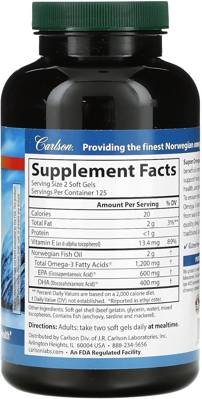 Carlson - Super Omega-3 Gems, 1200 mg Omega-3s, Wild Caught, Sustainably Sourced, 250 soft gels