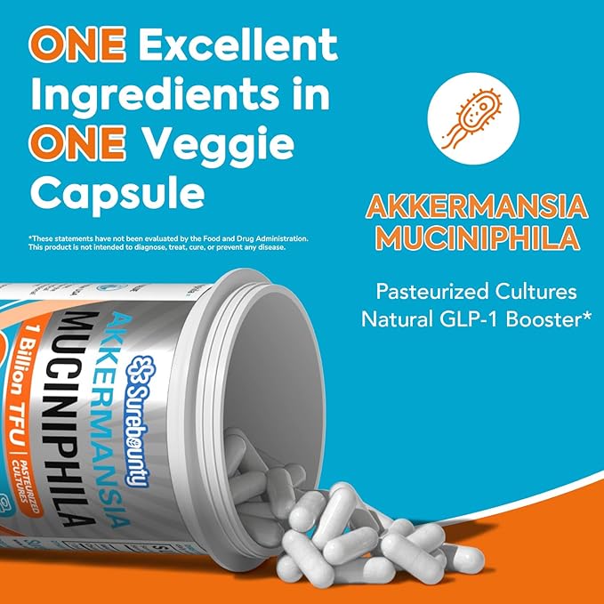 Akkermansia Probiotic GLP-1, 1 Billion TFU, Akkermansia Muciniphila with Prebiotic Inulin, for Men & Women, Vegan, Non-GMO, 30 Caps