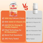 Calcium 1200 mg with Vitamin D3 Supplement for Adults - Calcium Gummies with Vitamin D3 5000IU, K2, B12 for Women Men - Extra Absorption Calcium Citrate - Natural Strawberry Flavor, 120 Gummies