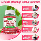 2 Pack Ginkgo Biloba Gummies with Panax Ginseng and Magnesium, Ginkgo Biloba Supplements for Focus, Memory, and Brain Health for Adults & Kids, Vegan Raspberry Flavor Gummies, 120 Count