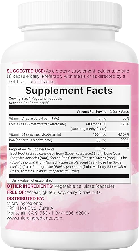 Micro Ingredients Blood Booster+ Iron Supplement, 60 Veggie Capsules | 14-in-1 Iron Bisglycinate with Folate, Vitamins B, C | Gentle Formula Without Side Effects | Red Blood Cell & Anemia Support