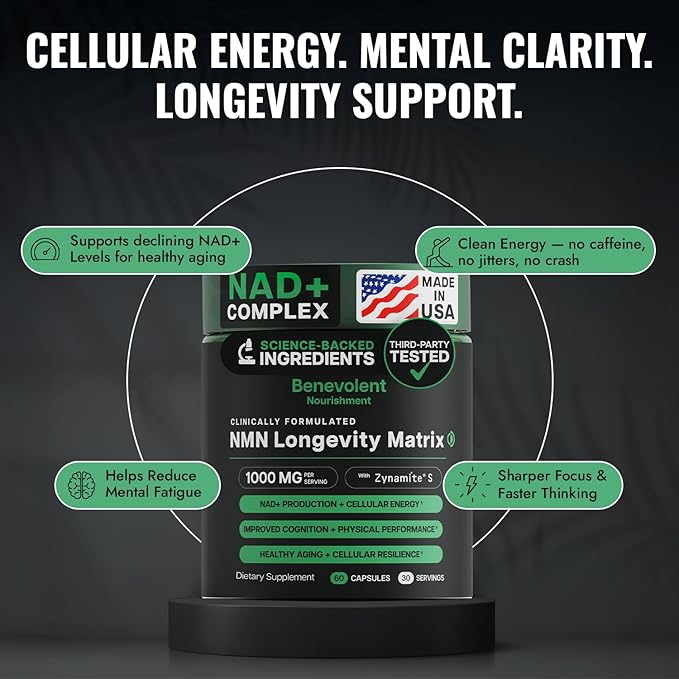 Benevolent Advanced NMN Supplement 1000mg (98% Purity) – 5-in-1 NMN Longevity Matrix with Zynamite® & PQQ for Increased NAD+ Levels, Cellular Energy, Cognitive & Healthy Aging – 60 Vegan Capsules