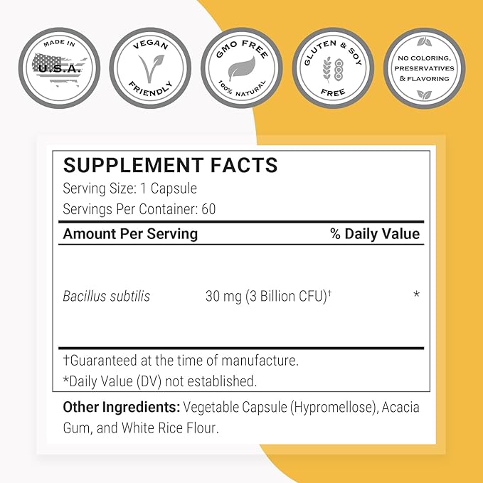 Supersmart - Bacillus Subtilis 3 Billion CFU per Day (High Potency) - Spore Probiotic Supplement | Non-GMO & Gluten Free - 60 DR Capsules