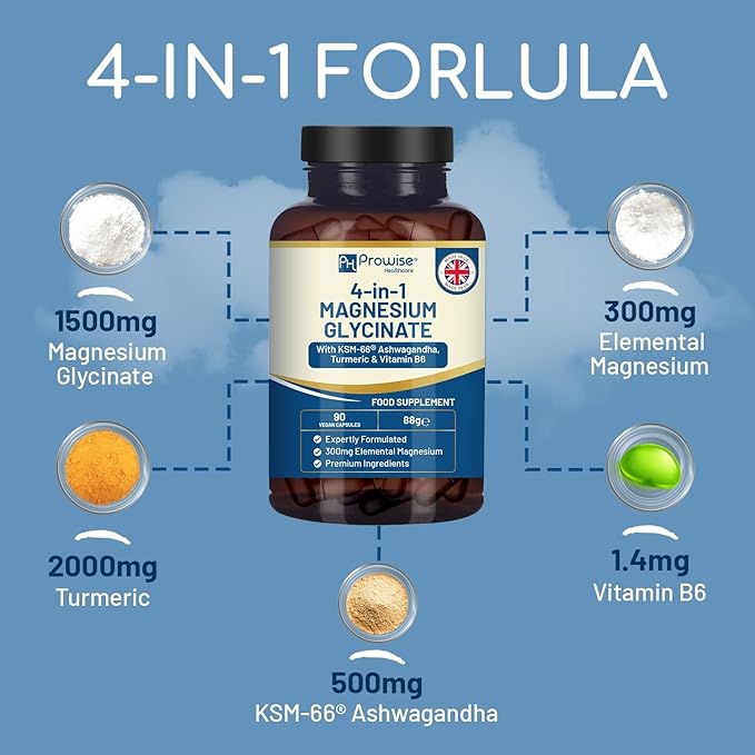 4-in-1 Magnesium Glycinate Added with KSM-66 Ashwagandha, Turmeric and Vitamin B6 | 90 Vegan Capsules | 4,001 mg per Serving | Easy to Swallow Capsule | GMO & Gluten Free | Premium Quality by Prowise