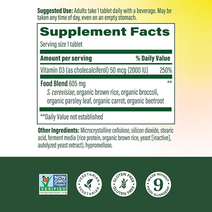 MegaFood Vitamin D3 2000 IU (50 mcg) - Vitamin D Supplements with Real Food, Immune Support, Supports Bones, Teeth & Muscles, Vegetarian, Certified Non-GMO, Kosher – 60 Tablets, 60 Servings