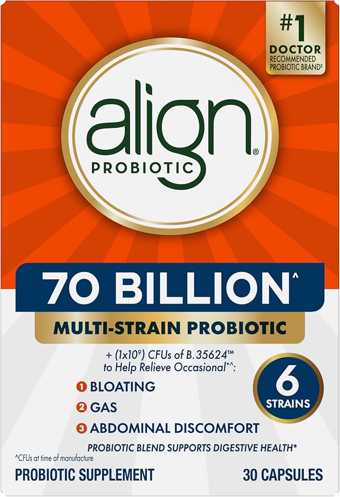 Align Probiotic, 70 Billion CFU, 6 Strain Blend, Probiotics for Women and Men, Daily Probiotics for Digestive Health, Helps Relieve Occasional Bloating & Gas 30 Capsules