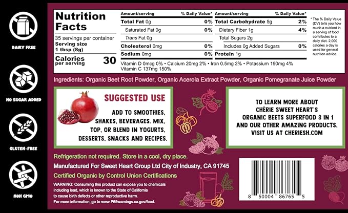 Cherie Sweet Heart USDA Organic Beets Superfood Powder, 3-in-1 Nitric Oxide, Support Healthy Blood Pressure and Blood Circulation, 283g (10 oz, Beets Superfood)