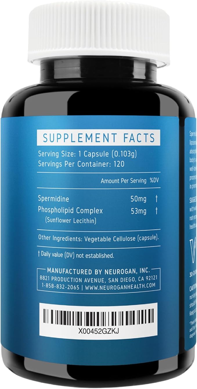 Neurogan Spermidine PRO Supplement Capsules - 50mg Per Serving, 60-Day Supply - Enhanced Absorption for Longevity Routine - Spermidine 3HCl Spermidine Supplements for Men & Women