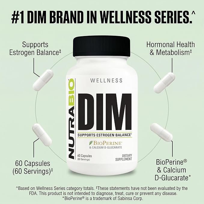 NutraBio DIM Supplement, Supports Estrogen Balance, 100mg - 60 Vegetable Capsules