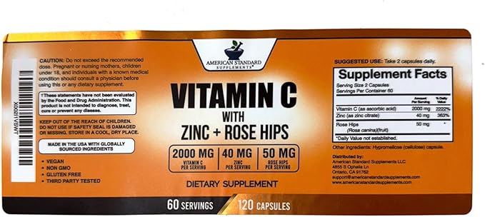 American Standard Supplements Vitamin C 2000mg, Zinc 40mg, and Rose Hips 50mg Per Serving, Vegan, Gluten Free, Non-GMO (120 Count)