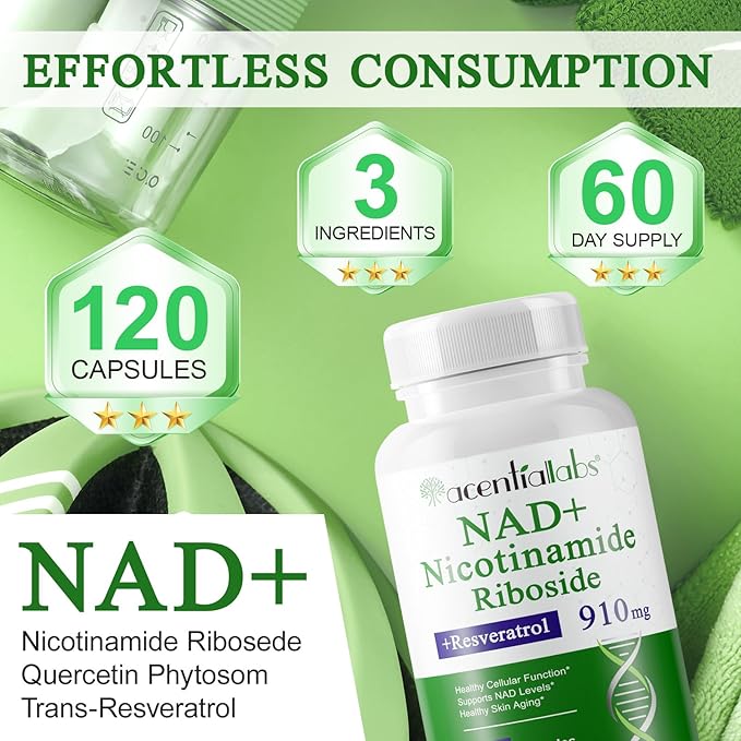 NAD Supplement, Nicotinamide Riboside, NAD 910MG Liposomal Supplements for Women & Men, NAD+ Supplement for Anti Aging and Cell Regeneration -120 Capsules
