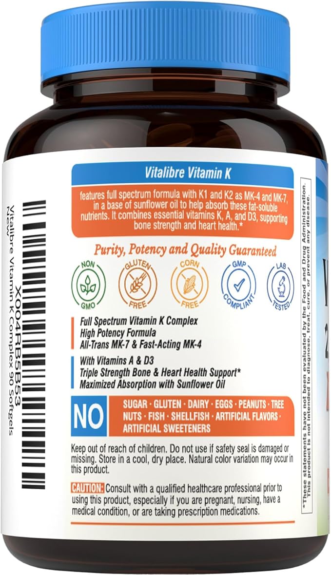 Vitamin K Complex, 2600 mcg K1 & K2 (MK-7 & MK-4), with Vitamin A & D3 5000 IU, Bioavailable, Full Spectrum, for Bone Strength and Heart Health, 90 Softgels