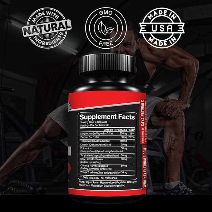 Kaya Naturals UltraTest- Men's T Booster with Tongkat Ali, Horny Goat Weed, Tribulus - Natural Workout Supplement for Energy, Stamina, and Strength Booster - 180 Count