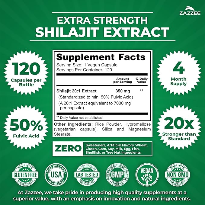 Zazzee 100% Pure Himalayan Shilajit 20:1 Extract, 50% Fulvic Acid, 120 Vegan Capsules, 4 Month Supply, Rich in Trace Mineral, 20X Potency, Energy & Vitality Support, Non-GMO, Made in the USA