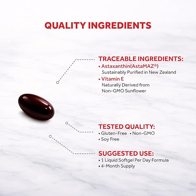 Naturalis New Zealand Astaxanthin (12mg) | Enhanced with Natural Vitamin E | Non-GMO, Soy & Gluten Free | 120 Softgels (4 Month Supply)