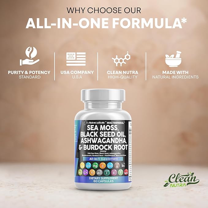 Clean Nutraceuticals Sea Moss Black Seed Oil Ashwagandha Turmeric Bladderwrack Burdock & Vitamin C Vitamin D3 with Elderberry Manuka Dandelion Yellow Dock Iodine Chlorophyll ACV - 2Pack