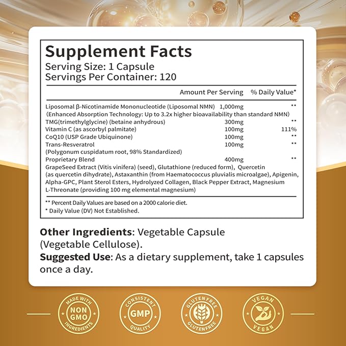 15-in-1 Liposomal NMN Supplement, 2000mg per* Serving*, 120 Day Supply, 99% Pure, NAD+ NMNH Alternative with Nicotinamide Mononucleotide, Resveratrol, TMG, CoQ10, Quercetin & Glutathione, 120 Capsules