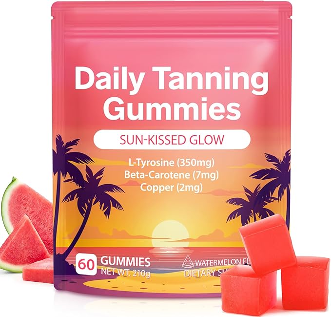 Daily Tanning Gummies - Enhance Natural Tan, Nourish & Protect Skin - with L-Tyrosine & Beta-Carotene - Sun-Free Glow - Watermelon Flavor, 60 Count