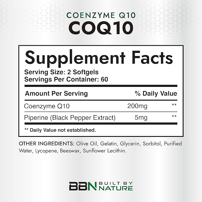 Built by Nature CoQ10 200 mg – Coenzyme Q10 with Olive Oil and Black Pepper for High Absorption – Supports Heart Health & Energy – Antioxidant Supplement– 2 Month Supply, 120 Softgels
