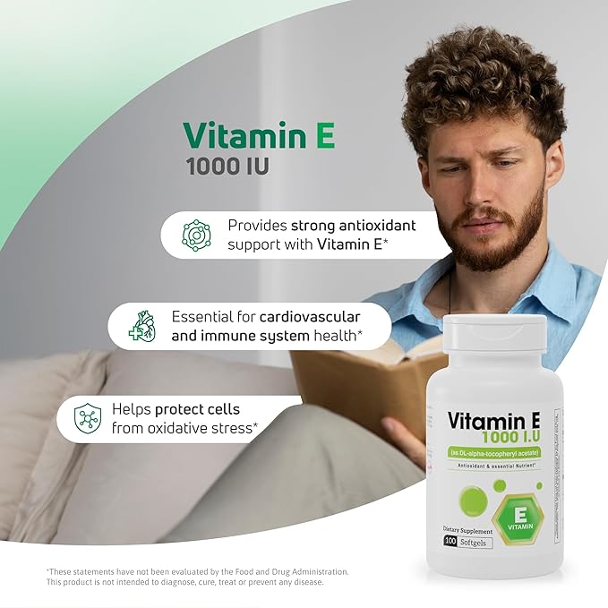 Nutra Vitamin E 1000 IU Softgels (as DL-Alpha-tocopheryl Acetate) – Antioxidant Support, Skin & Hair Health, 100 Softgels – Vitamin E Complex Formula