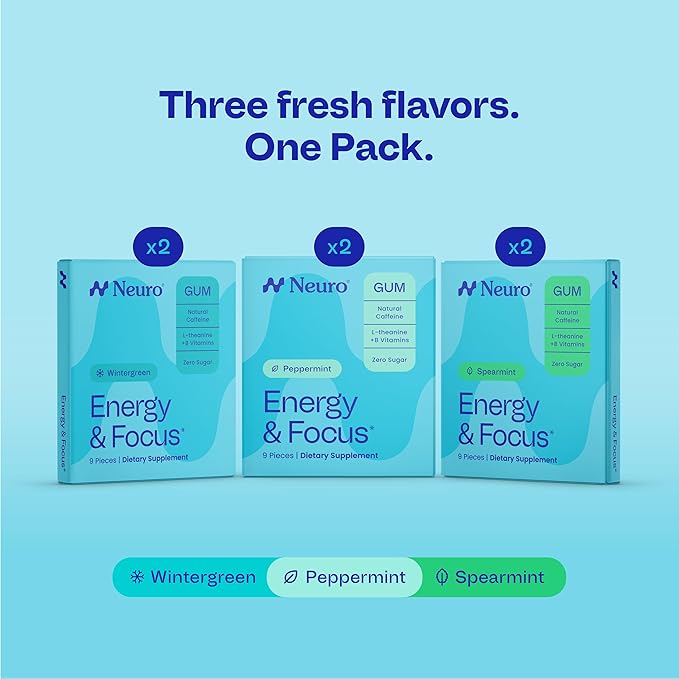Neuro Variety Pack Gum - Energy & Focus Gum (Peppermint, Spearmint, Wintergreen) - Nootropic Supplement with Natural Caffeine + L-Theanine for Brain Health - Sugar Free, Vegan - 54 ct, 6 Pack
