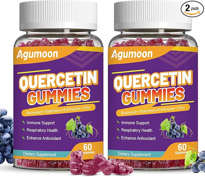 2 Pack Quercetin Gummies, 1000mg Quercetin with Bromelain Zinc Elderberry, Immune & Antioxidant Support, Vegan Gummies for Adults & Kids, 120 Count