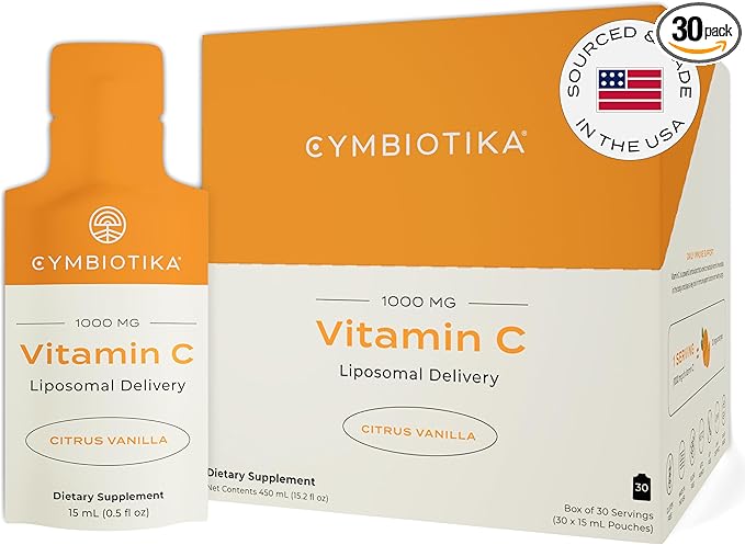 CYMBIOTIKA Vitamin C Individual Packets, Liposomal Delivery, Supplement for Immune Support, Collagen Boost, & Healthy Aging, Skin Hydration Packets, Citrus Vanilla Flavor, 30 Count